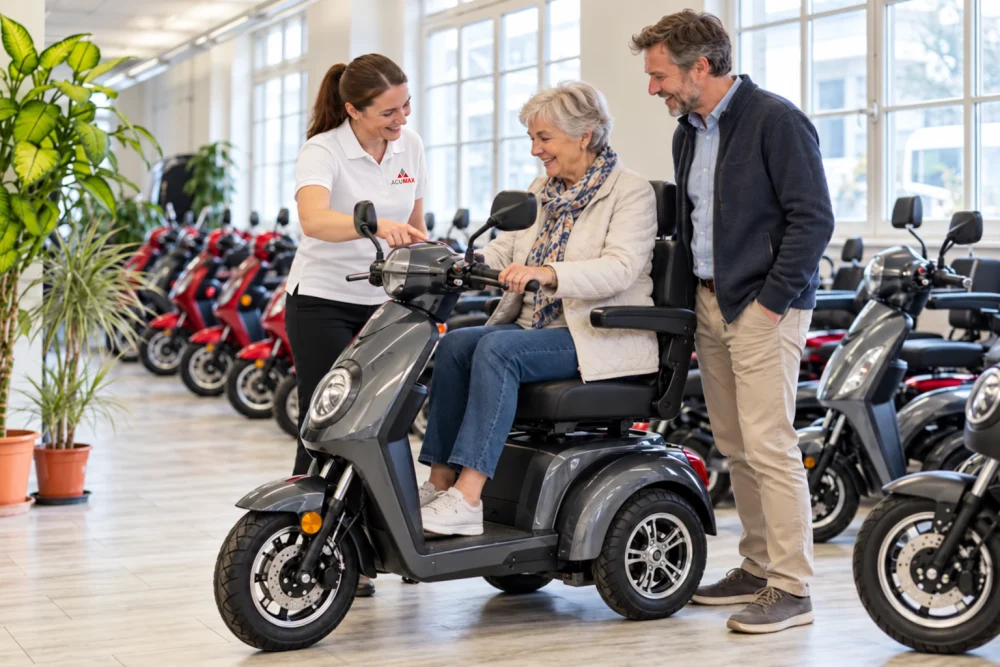 Illustrative Beratungsszene: Eine Seniorin testet ein Elektromobil in Begleitung