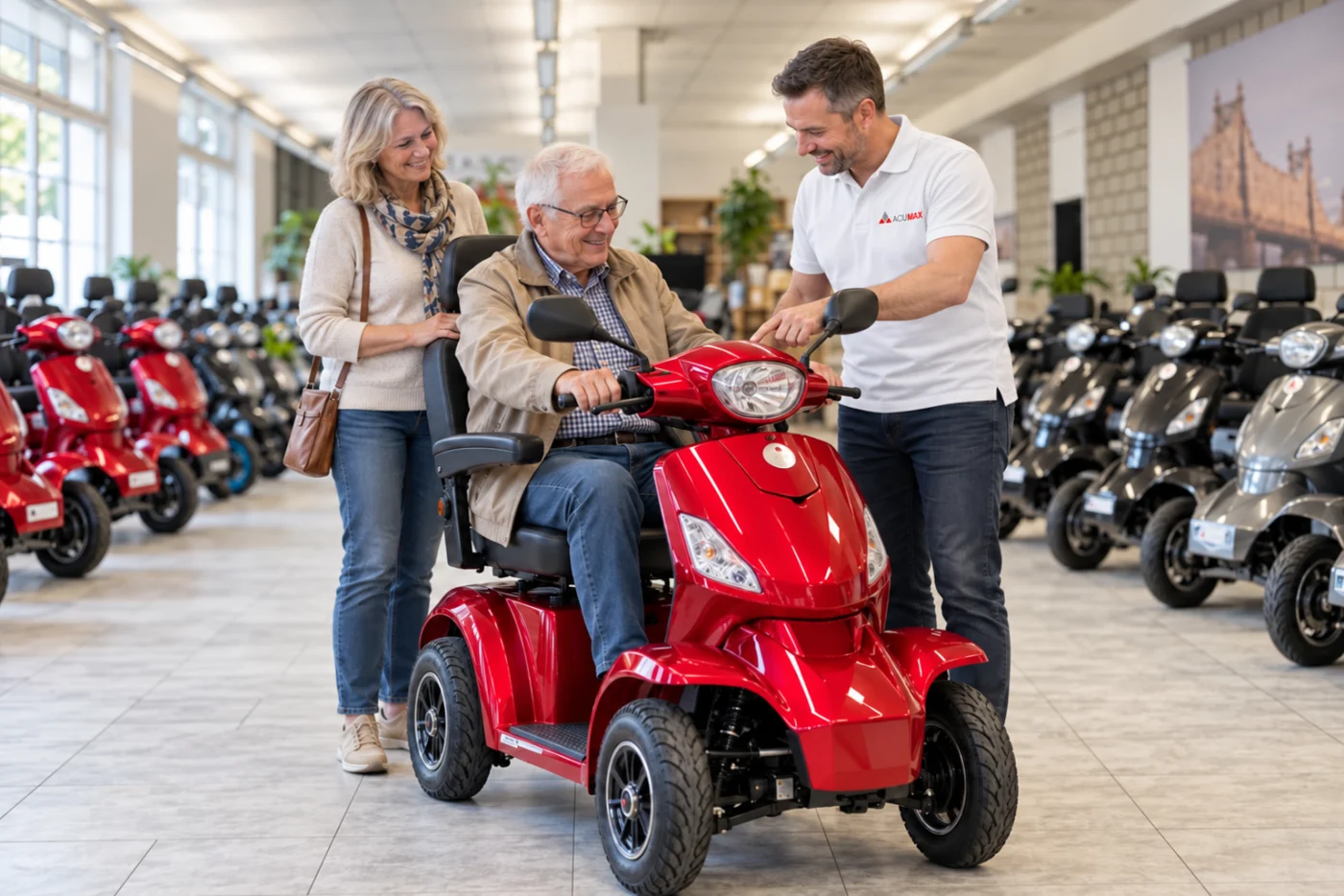 Illustrative Beratungsszene: Ein Senior testet ein Elektromobil in Begleitung