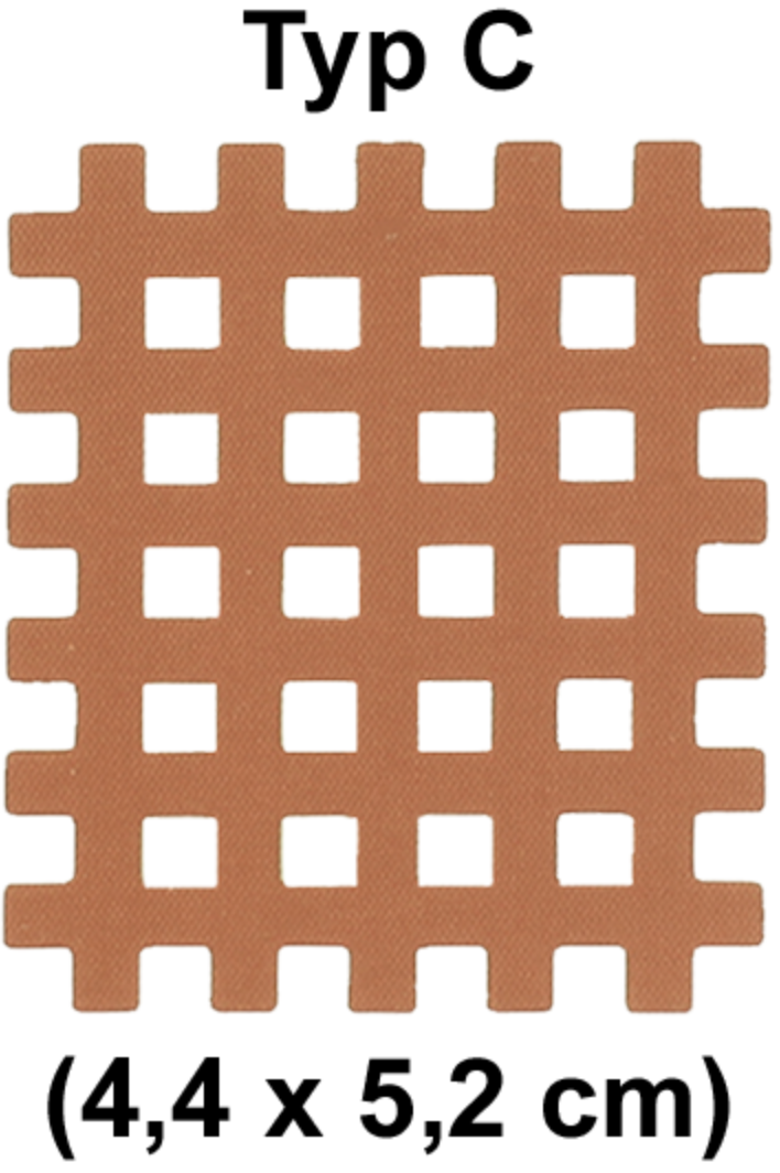 Ein beiges AcuTop Gittertape vom Typ C mit einem regelmässigen quadratischen Gittermuster auf weissem Hintergrund. Das selbstklebende Akupunkturpflaster ist für die Anwendung auf der Haut konzipiert. Die Abmessungen sind unten als 4,4 x 5,2 cm angegeben.