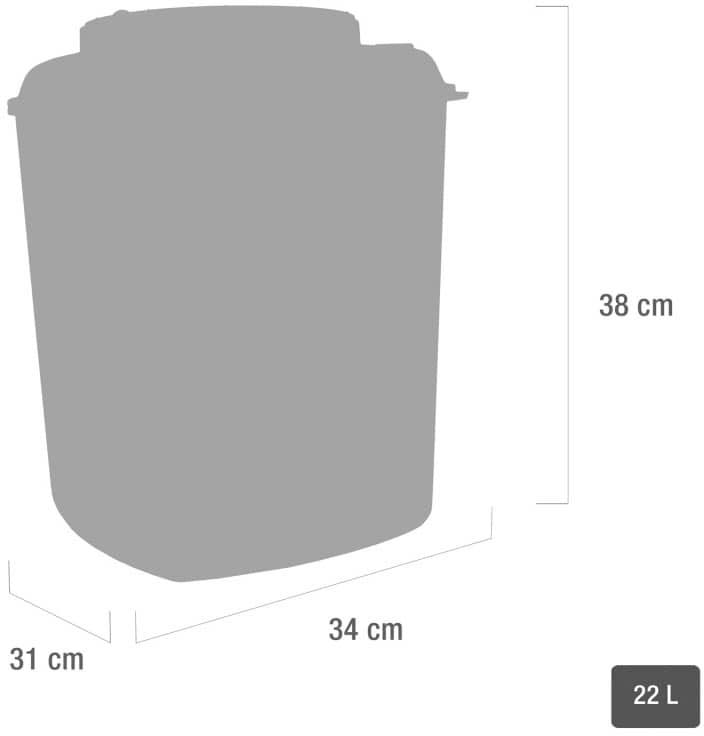 Graue Silhouette eines Kanülensammlers zur sicheren Entsorgung scharfer/spitzer Gegenstände. Masse: 38 × 34 × 31 cm, Volumen 22 l. Ideal für medizinische Praxen und Kliniken.