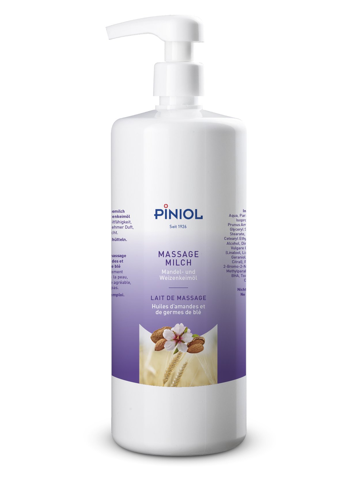 Grand flacon blanc de lait de massage « Piniol » avec bouchon pompe. L'étiquette violette montre amandes, fleurs d'amandier roses et épis de blé dorés, évoquant l'huile d'amande et de germe de blé.