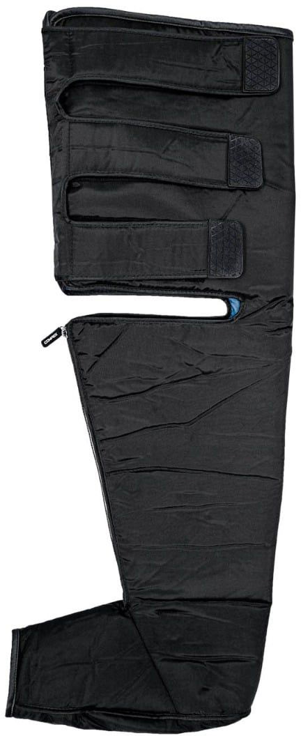 Black compression boots extending from the thigh to the foot. Three wide Velcro straps on the thigh and an ergonomic knee opening with blue fabric. Long internal zip featuring the ‘ Compex ’ logo. Horizontal chambers for dynamic compression.