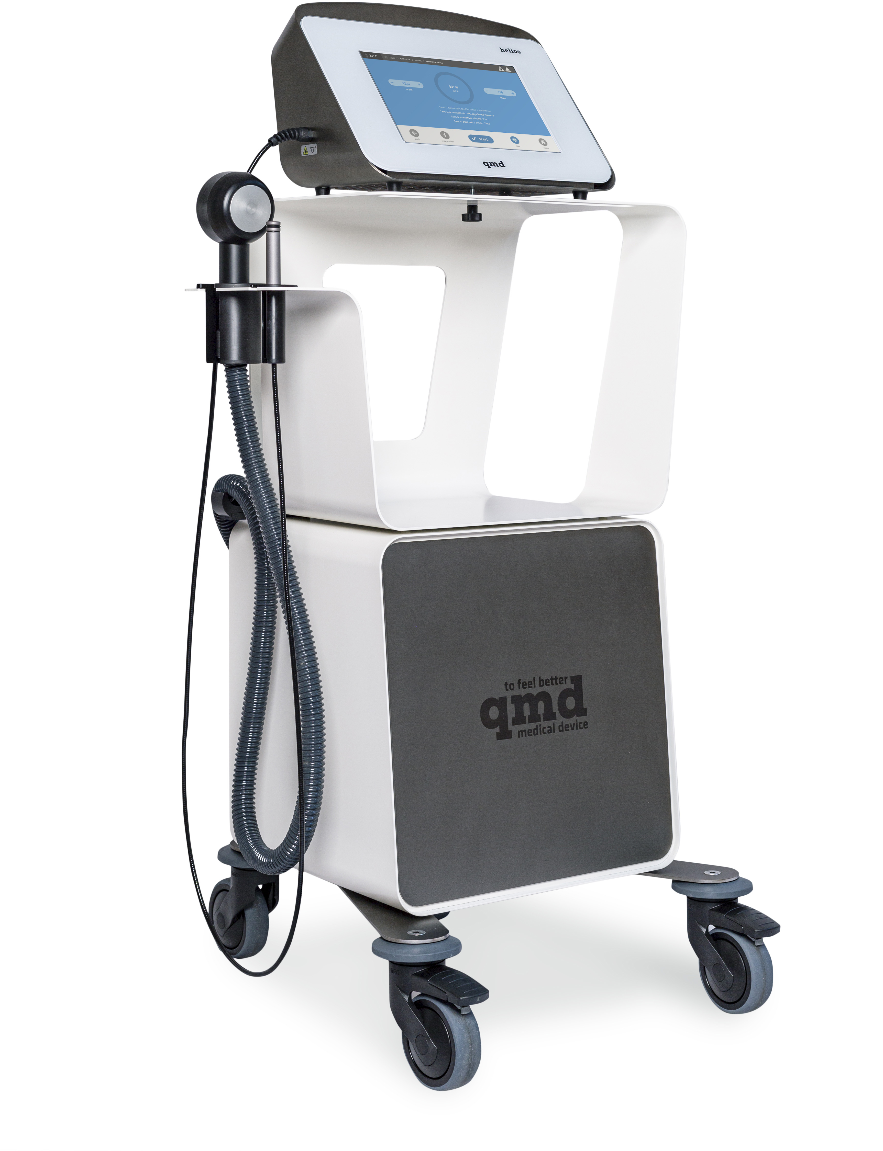 Sistema medico combinato su ruote con touchscreen a colori. Un tubo flessibile conduce all'applicatore circolare. Unità inferiore con targhetta "qmd medical device". Carrello terapeutico qmd helios cryo-thermal per laserterapia e crioterapia.