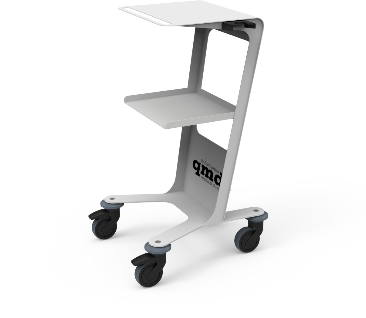 A modern, light grey equipment trolley with two shelves and four castors, sturdy and functional for medical devices such as laser and cryotherapy systems. Visible on the side: the ‘qmd medical device’ logo; serves as a mobile stand for practice supplies.