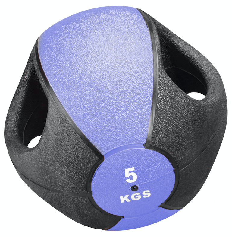 Ballon médicinal rond à picots, avec trois poignées intégrées, noir et violet. Au centre, sur la partie violette, « 5 KGS » en blanc indique son poids. Idéal pour fitness, musculation et rééducation.
