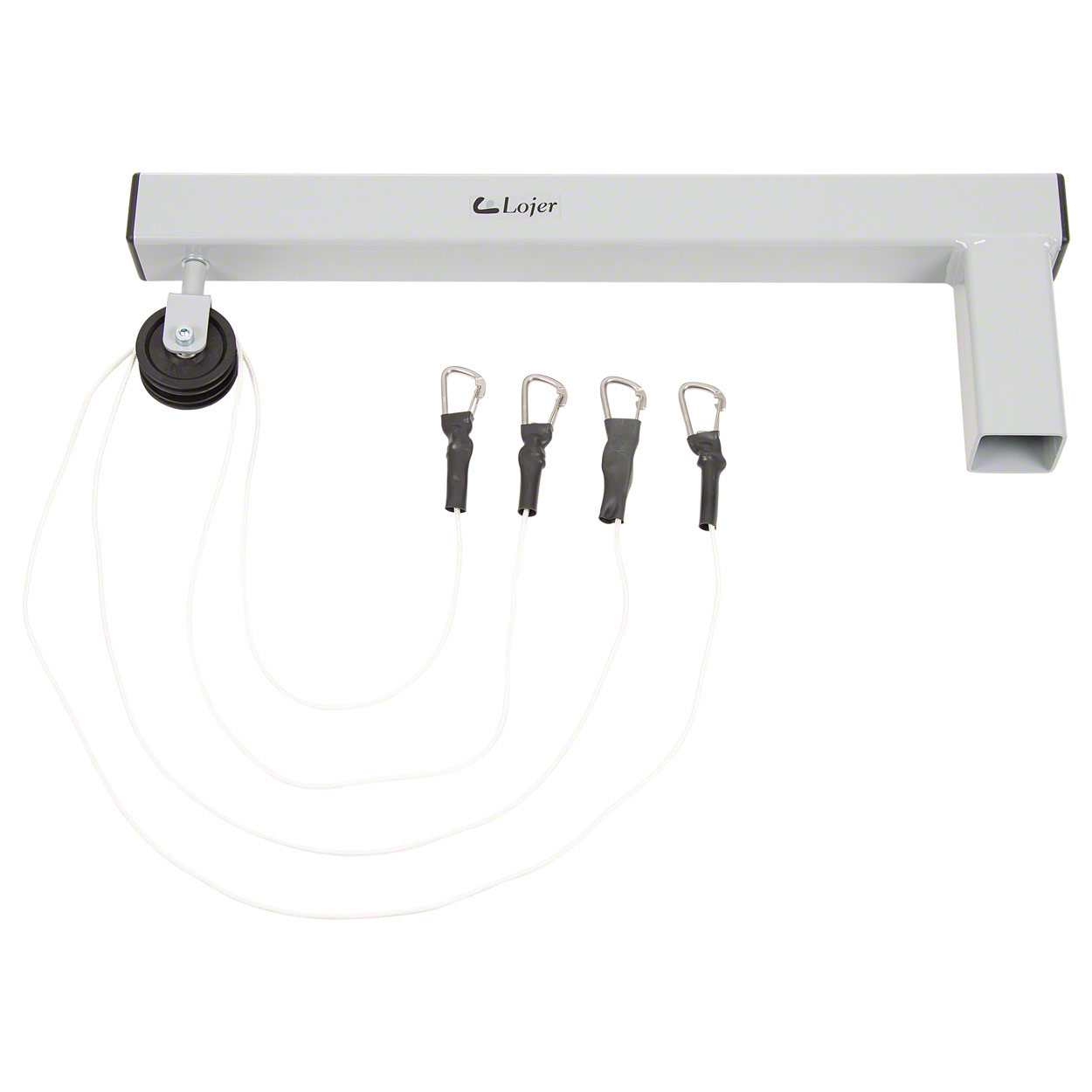 A grey, L-shaped pulley frame for cable machines, featuring the ‘Lojer ’ logo on the horizontal bar. On the left is a black pulley with a white cable. Four white cable strands with black carabiners hang down.