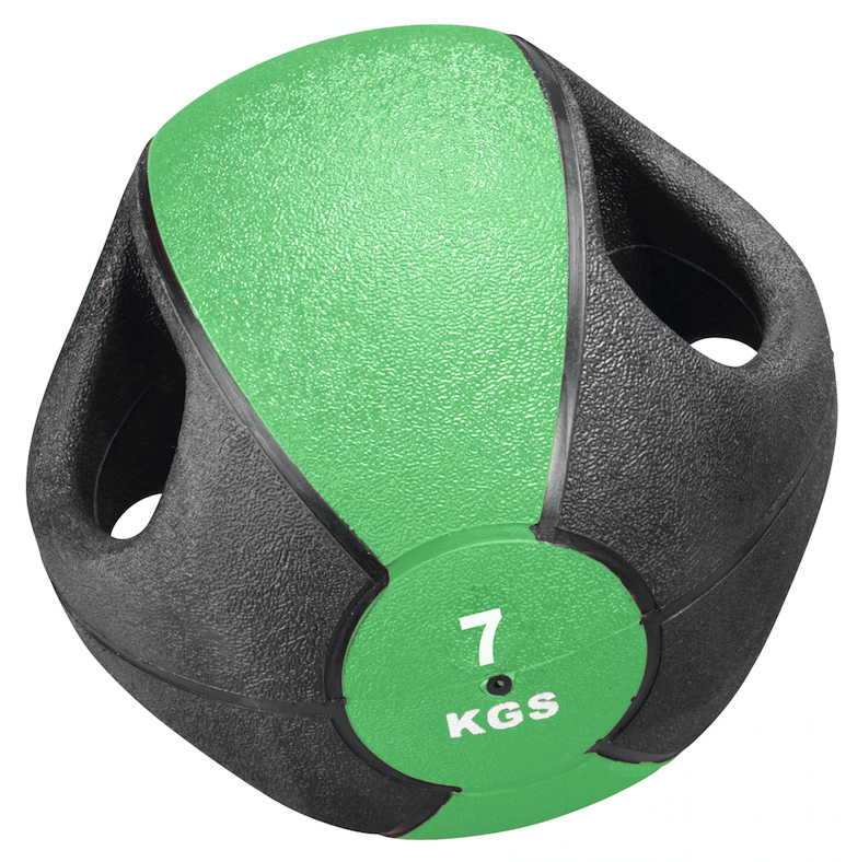 Ballon médicinal vert et noir avec 4 poignées ergonomiques, photographié en plan large sur fond neutre. Surface texturée pour une meilleure prise en main. Segment vert avec inscription « 7 KGS » en blanc, idéal entraînement et rééducation.