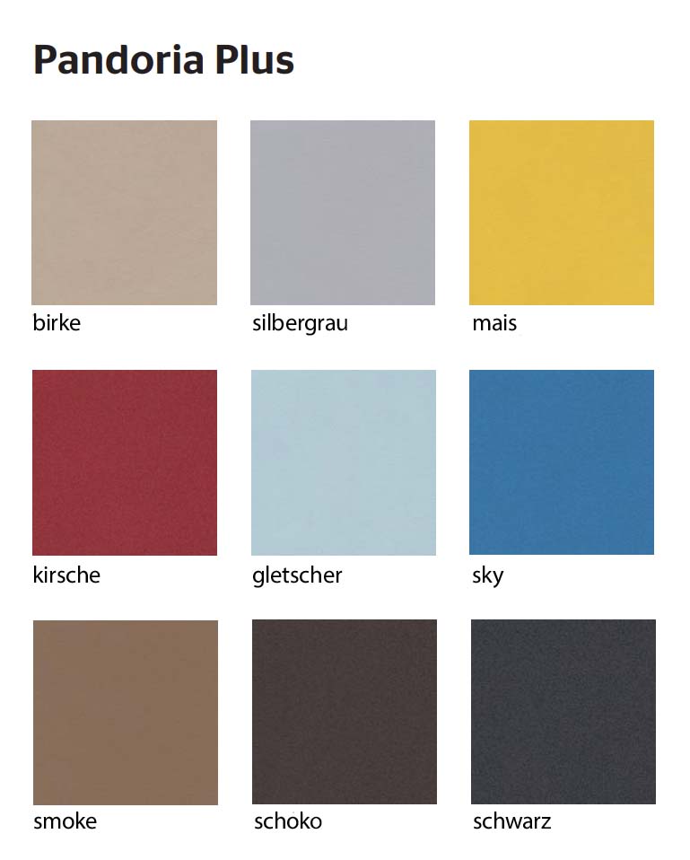 Pandoria Plus colour range with 9 patterns for a treatment couch. Top: Birch (light brown), Silver Grey, Corn (yellow). Middle: Cherry (dark red), Glacier (light blue), Sky (medium blue). Bottom: Smoke (grey-brown), Chocolate (dark brown), Black.