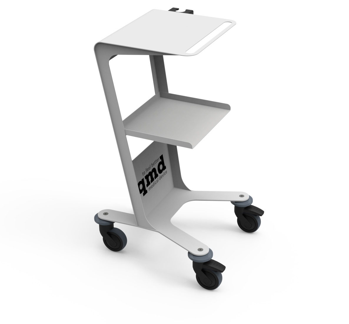 A light-coloured, modern qmd equipment trolley on castors with a sloping frame. Features two shelves, the upper one with a slightly raised edge. Black qmd medical device logo on the side. Four sturdy castors for easy manoeuvrability.