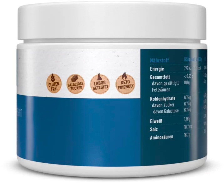 Boîte blanche « Dr. Mosetter Prinzip » T04, poudre Sakara. Étiquette bleue, icônes dorées : sans gluten/galactose, testé en labo, compatible cétogène. Tableau nutritionnel : énergie, lipides, glucides, protéines, sel, AA.