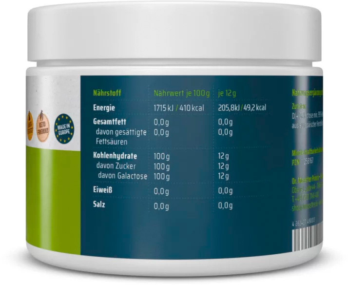 Rückseite des D+ Galactose Behälters mit Nährwerttabelle: Energie, Fett, Kohlenhydrate (inkl. Galactose), Eiweiss, Salz pro 100g und 12g Portion. Blaues Etikett: "Keto Friendly", "Made in Europe", Barcode.
