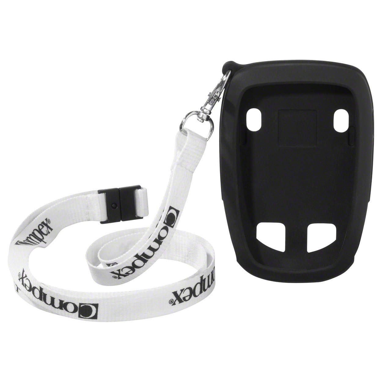 Black, moulded silicone protective case for a Compex, with cut-outs for the controls. It features a white carrying strap with the ‘ Compex ’ logo repeated across it and a metal buckle. Protects against damage and makes it easier to carry.