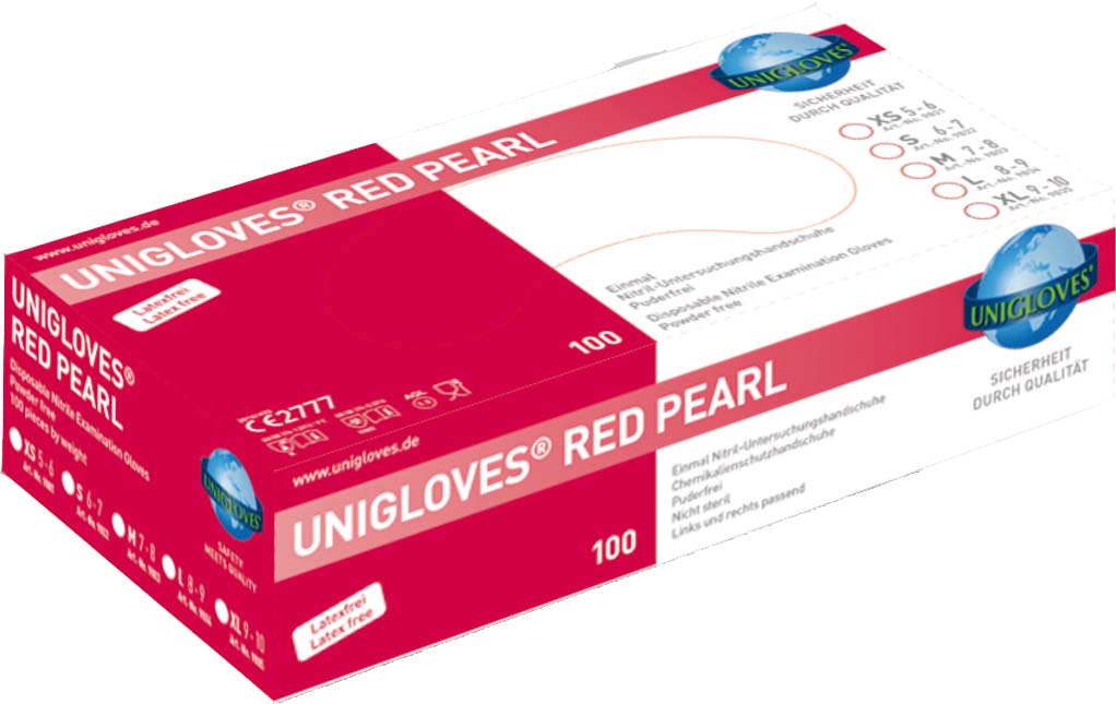 Rote und weisse Verpackung der "UNIGLOVES RED PEARL" Nitril-Einmalhandschuhe, schräg gezeigt. Aufschrift: "100" Stück, "puderfrei", "latexfrei". Grössen XS, S, M, L, XL markiert. Unigloves, "Sicherheit durch Qualität" sichtbar.