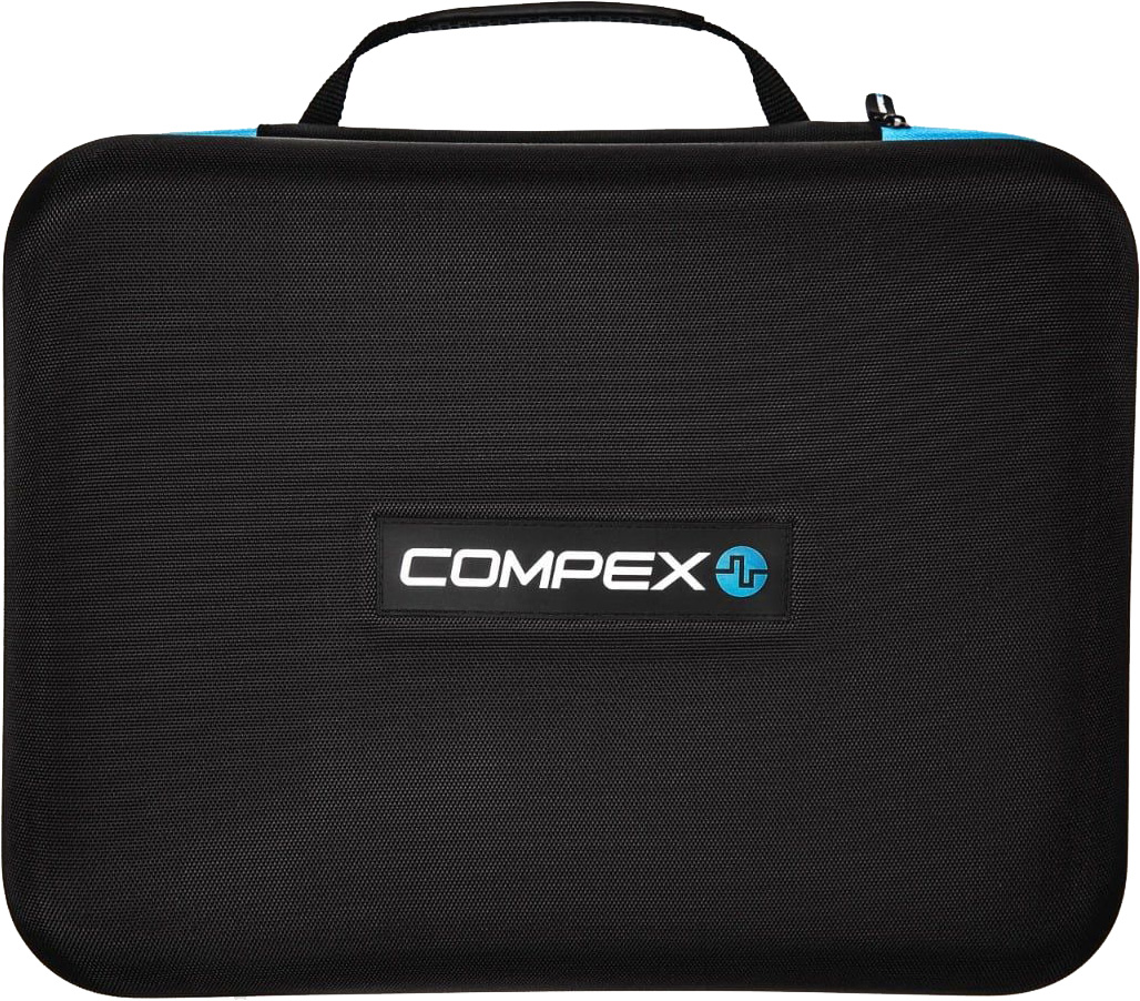 Black, rectangular ‘ Compex ’ carry bag with a handle and rounded corners. Blue zip at the top. Front features a white ‘Compex’ logo and a blue symbol on a black background. Designed for the safe transport of the Compex Ayre compression boots.