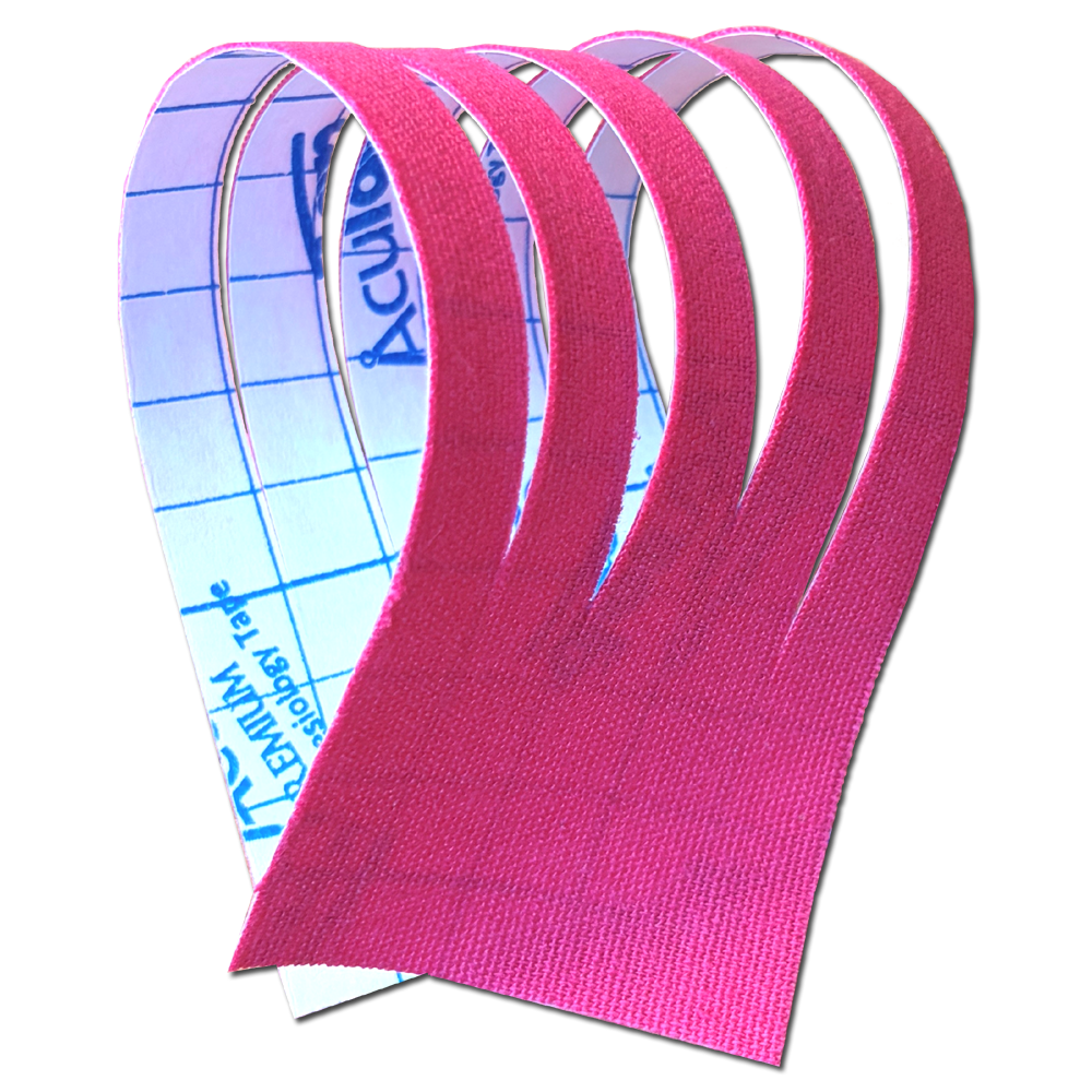 Bright fuchsia-coloured kinesiology tape, cut into five even, narrow strips at one end and wide at the other. Blue chequered protective film with the ‘ AcuTop ’ logo and ‘PREMIUM Kinesiology Tape’ clearly visible.