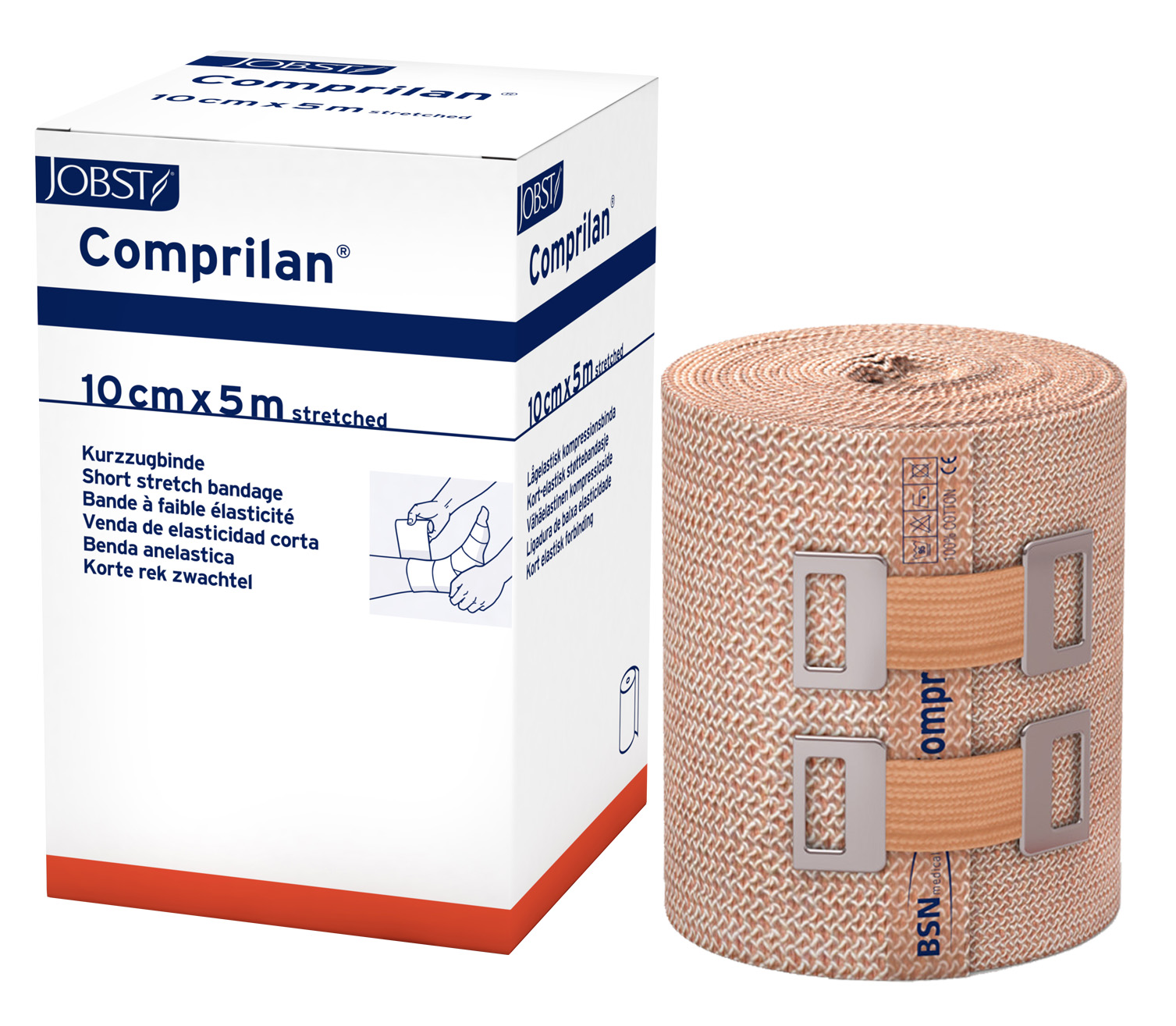Confezione bianca della benda elastica corta Jobst Comprilan (10 CM x 5 m) accanto a una benda elastica in cotone color carne arrotolata. Sulla confezione è raffigurato uno schema di applicazione. La benda è dotata di due fermagli metallici argentati.
