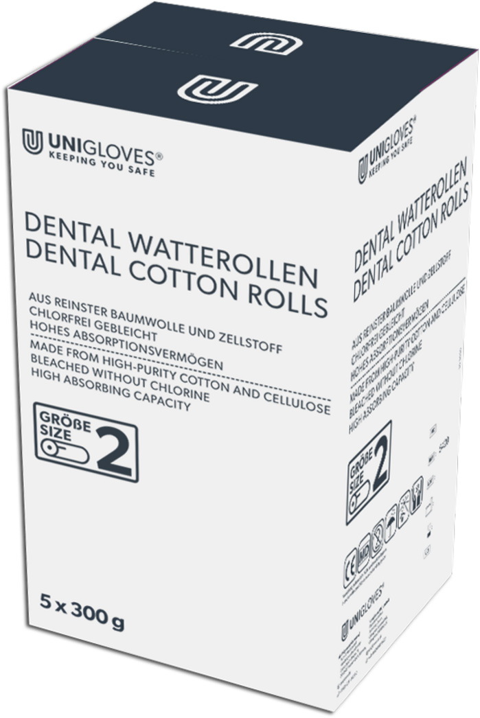 Karton der Marke Unigloves für Zahnwatterollen, weiss mit dunkelgrauer Schrift. Auf der Vorderseite steht 'Dental Watterollen Dental Cotton Rolls', Hinweise zu Baumwolle und Zellstoff, sowie die Angabe 'Grösse 2' und '5 x 300 g'.