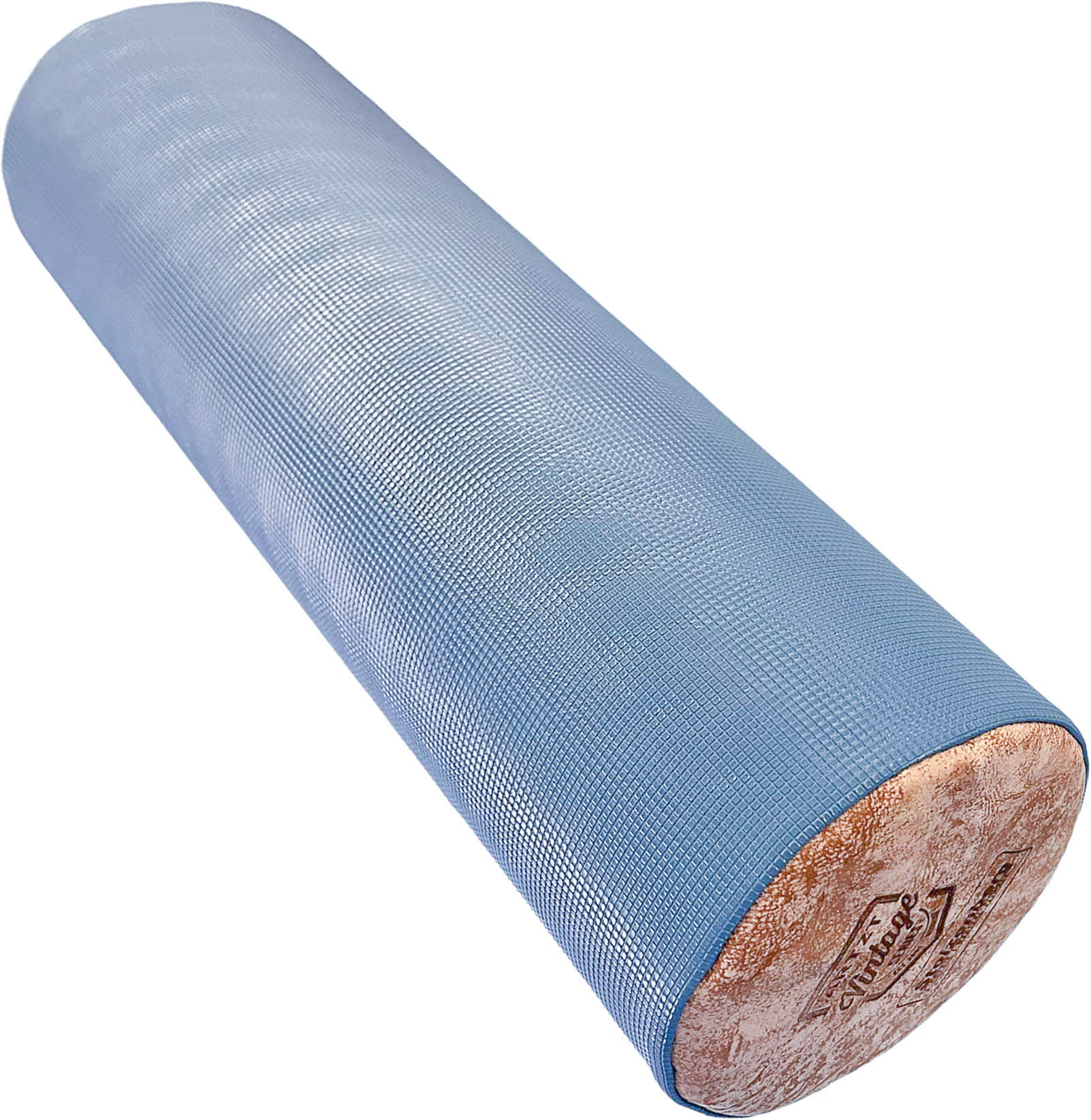 A round knee and neck roll in light blue with a textured surface. One end features a brown leather appliqué in a vintage style, embossed with the word ‘Vintage’. The roll is a positioning aid measuring 50 cm in length and 15 cm in diameter.
