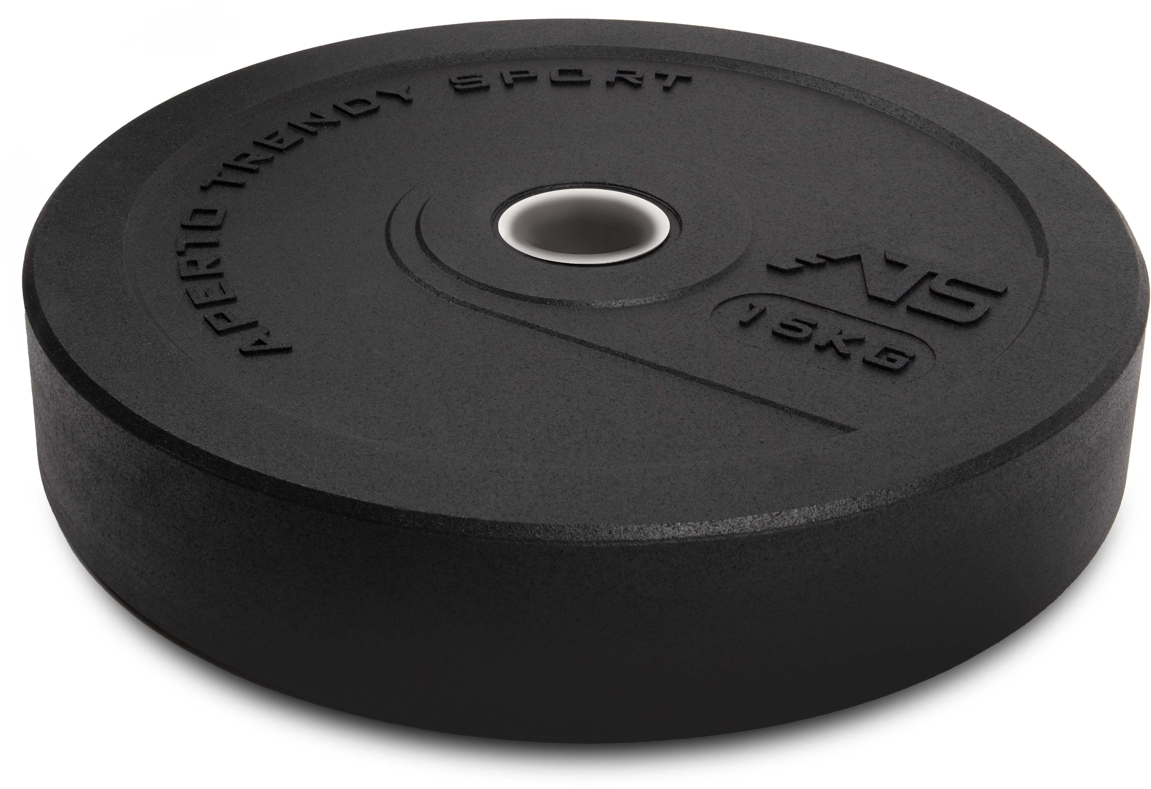 Disque de poids noir « Bumper Plate » en granulés de caoutchouc recyclé, texture fine, trou central argenté brillant pour barres d’haltères. Inscription en relief « APERTO Trendy Sport », logo, mention « 15KG ».