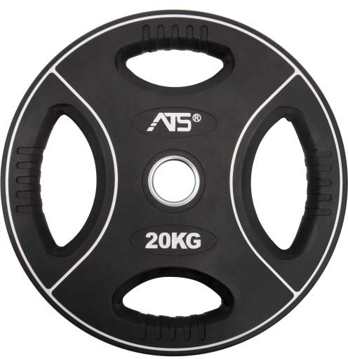Disco peso rotondo nero con rivestimento in poliuretano resistente ad abrasione e graffi. Tre impugnature ergonomiche scanalate antiscivolo; foro centrale argentato per bilanciere. Scritta «20KG», logo ATS; linee grigie.