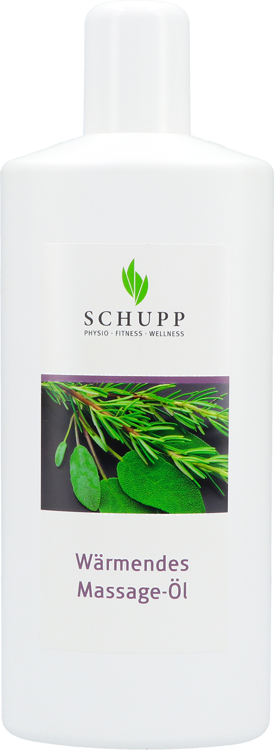 Flacone alto in plastica bianca Schupp Olio da massaggio. Etichetta: logo verde Schupp con la scritta «PHYSIO FITNESS WELLNESS», sotto ramoscelli di erbe fresche come rosmarino e salvia. In basso, in viola: «Olio da massaggio riscaldante».