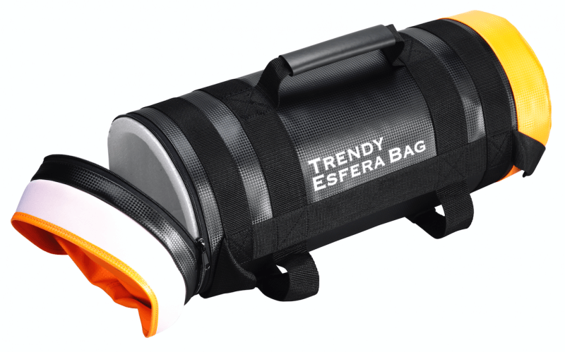 Black PVC weight bag ‘TRENDY ESFERA BAG’ with carrying straps; one end is open with a grey sandbag and orange lining, the other end is orange.