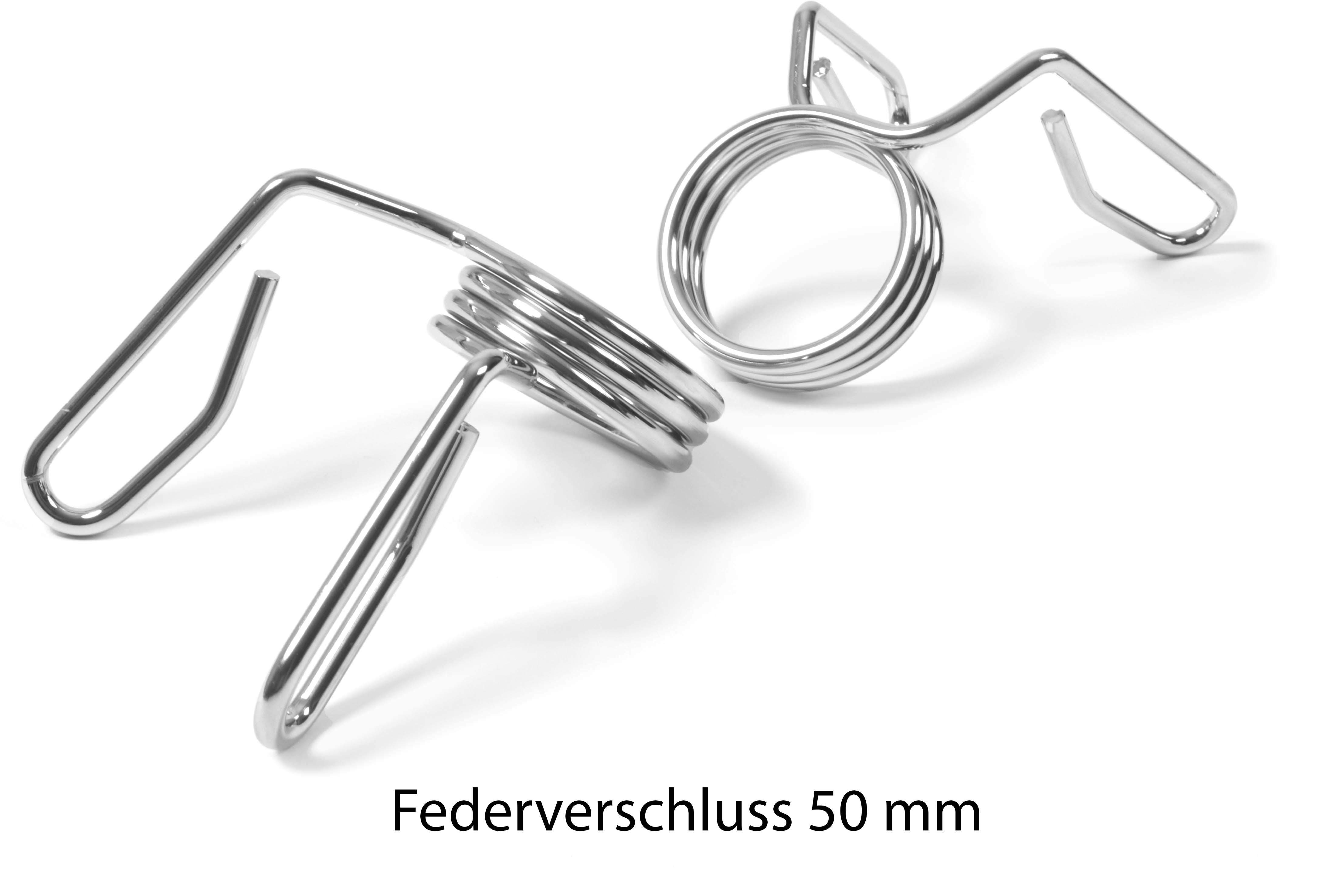 Deux fermoirs à ressort argentés brillants pour barres d'haltères de 50 mm, sur fond blanc. Chaque fermoir est un fil métallique en spirale avec deux branches fixant les disques. Stables et sûrs à l'entraînement.
