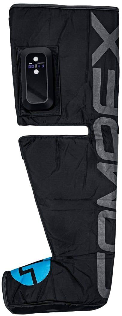 Compex Ayre black compression boots for leg recovery, featuring an integrated control panel and digital display, an ergonomic knee cut-out and multiple compression chambers. Vertical ‘ Compex ’ logo on the side, blue detail on the foot. Wireless.