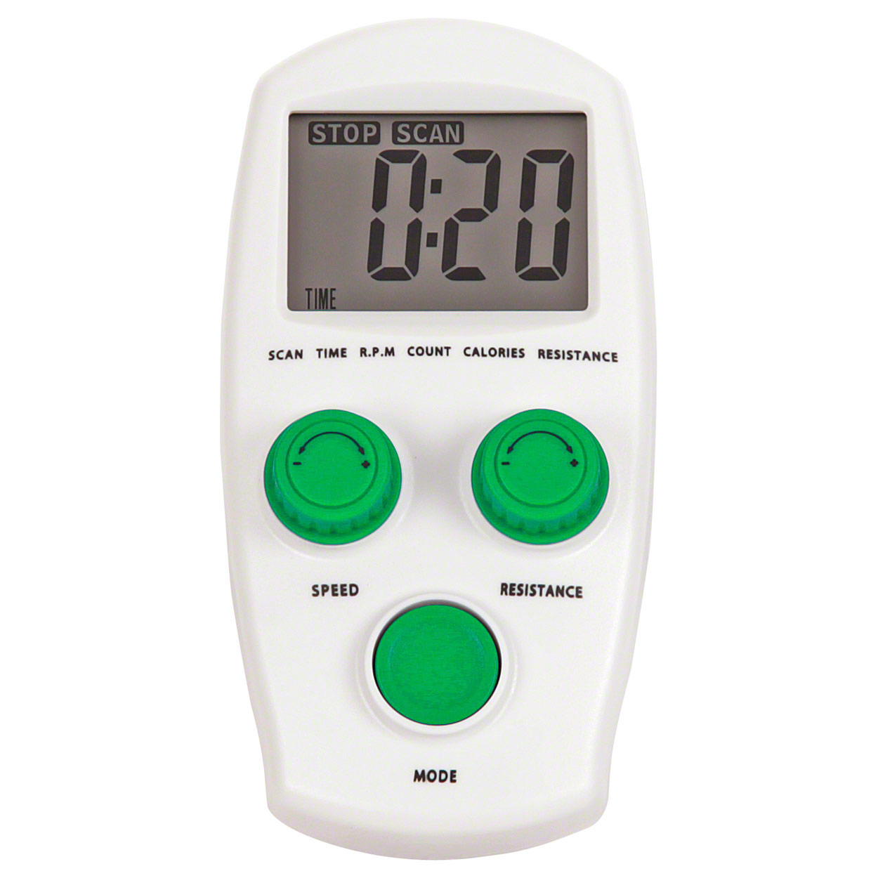 Weisses Bedienfeld eines Arm- und Beintrainers mit digitalem LCD-Display, das "0:20" und "TIME" anzeigt. Zwei grüne Drehregler steuern Geschwindigkeit und Widerstand, ein weiterer grüner Knopf den Modus. RPM, Kalorien und Zählung sichtbar.