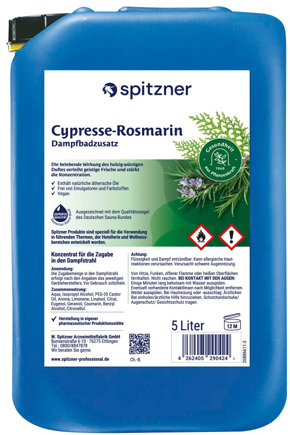 Spitzner Additif pour bain de vapeur cyprès-romarin - bidon de 5 litres