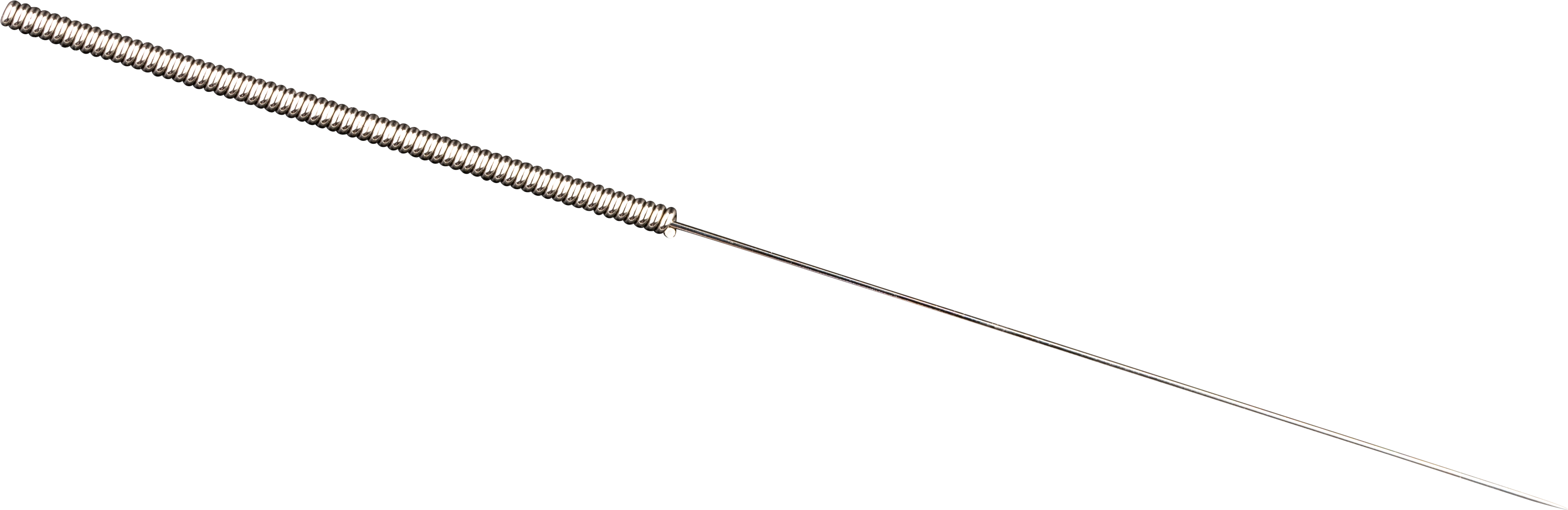 Un singolo ago per agopuntura con un lungo manico a spirale in acciaio scanalato. La punta sottilissima, rivestita in silicone, è affilata, lunga e si assottiglia fino a formare una punta precisa, pronta per un utilizzo indolore.