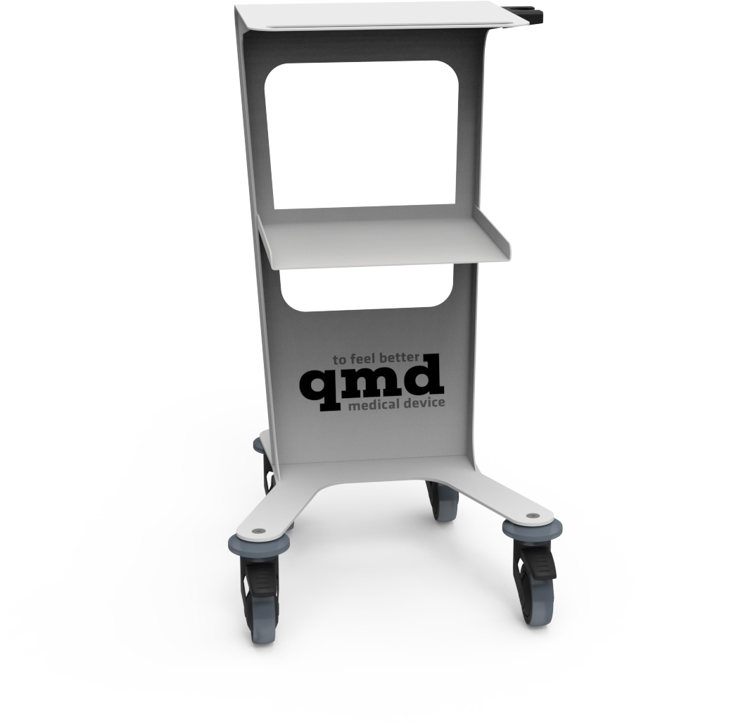 A light-coloured, modern equipment trolley with two shelves for medical devices. A slim, gently curved design with open sides. The ‘qmd medical device’ logo is featured on the front. Four dark, swivelling castors for easy manoeuvrability.
