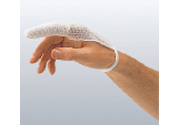 A hand with fair skin is wearing a white, seamless knitted cotton tubular bandage that covers the index finger and extends beyond its tip. One end is secured at the wrist to protect the skin or the bandage.