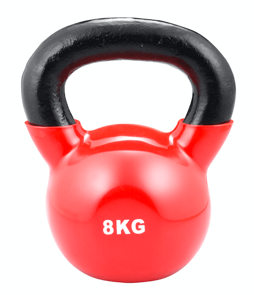 Kettlebell rouge vif doté d'une poignée robuste en fonte texturée noire, bombée vers le haut. Le poids « 8 kg » est inscrit en majuscules blanches sur la face avant. Surface recouverte d'un revêtement vinyle brillant.