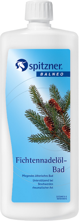 Bouteille blanche, étiquette bleue avec branches d’épicéa et cônes. Texte : « Bain à l’huile d’aiguilles d’épicéa », « Bain aux huiles essentielles nourrissant ». Soulage les douleurs rhumatismales. Spitzner.
