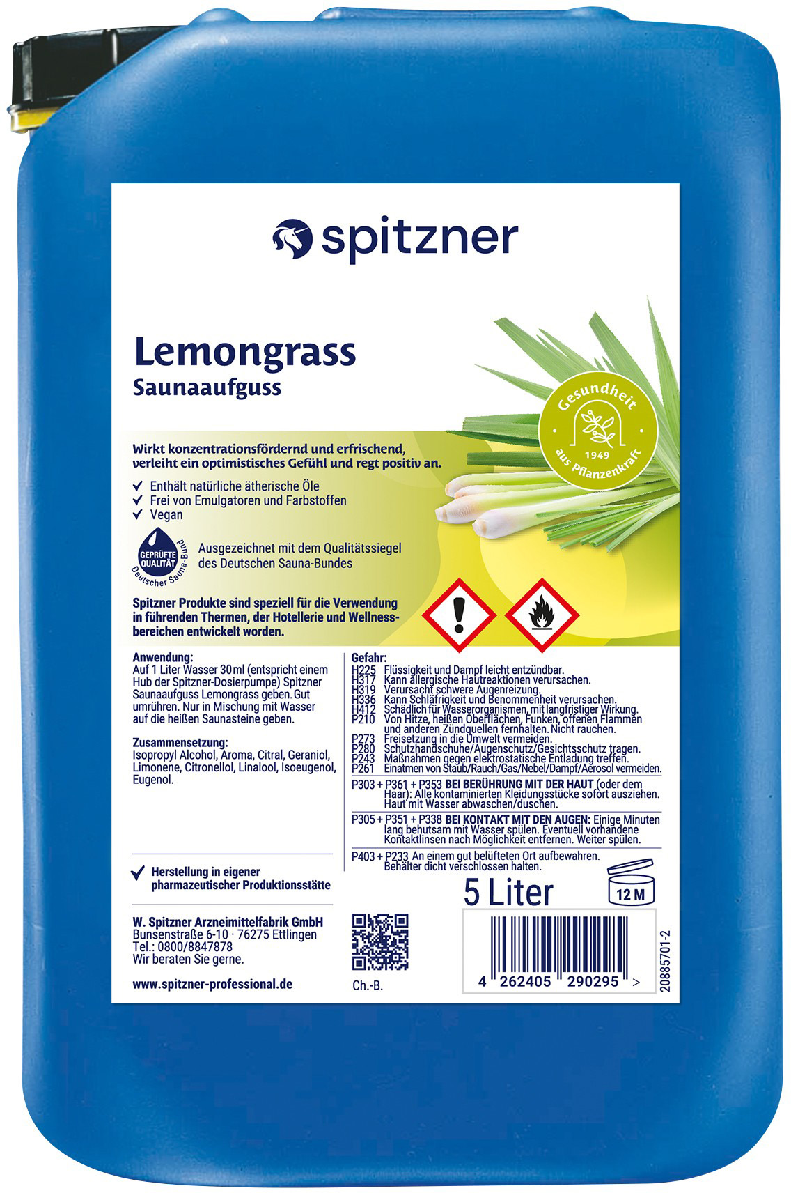 Bouteille bleue de 5 litres d'infusion pour sauna à la citronnelle « Spitzner » avec étiquette blanche. L'étiquette mentionne le nom, les effets et ingrédients, une illustration de tiges de citronnelle et des symboles d'avertissement.