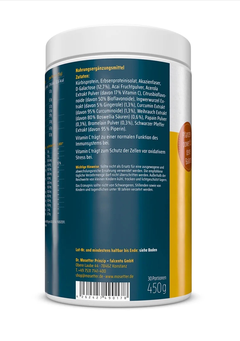 Pot cylindrique bleu foncé et blanc PhytoProtect (complément alimentaire), 450 g. Étiquette : ingrédients végétaux (protéine de potiron, isolat de pois, fibre d'acacia, galactose), infos vitamine C, mode d'emploi et fabricant.