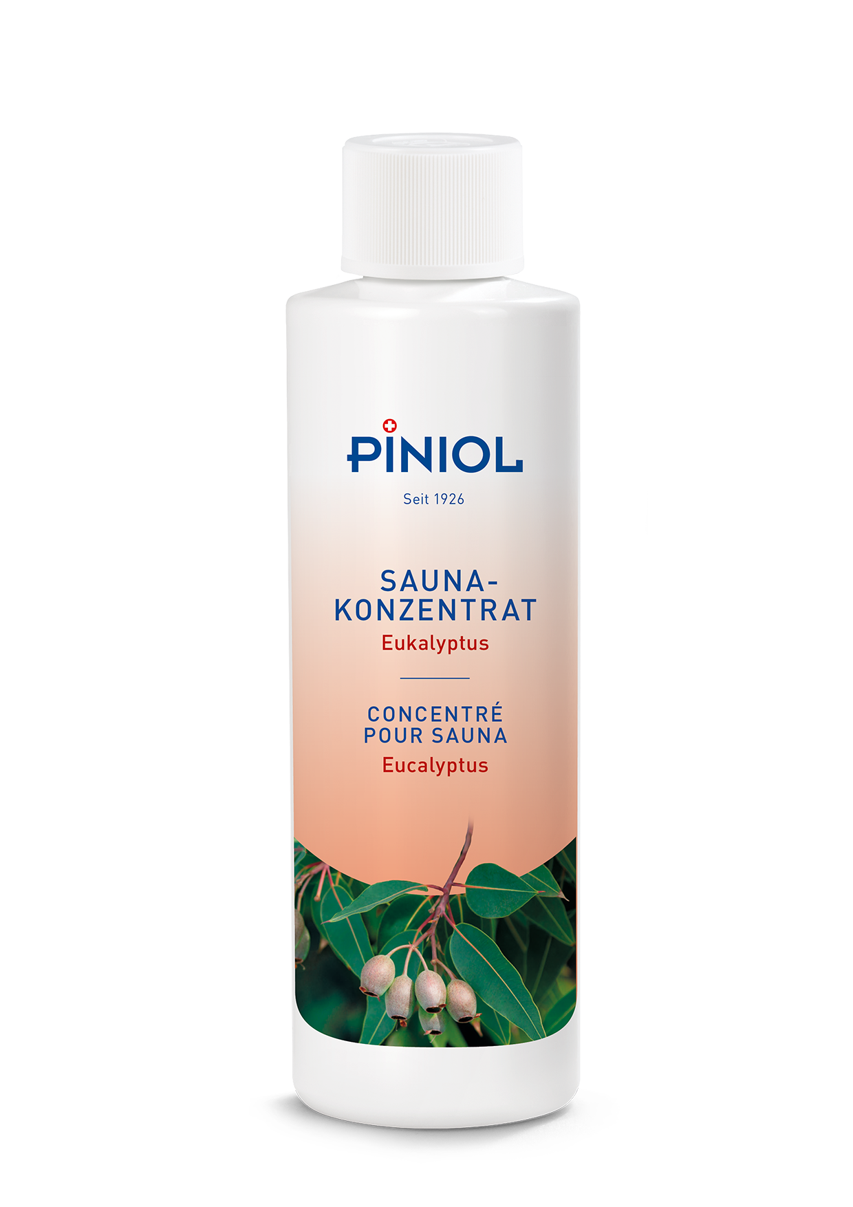 Flacon blanc « Piniol » de concentré pour sauna à l'eucalyptus, avec bouchon à vis blanc. Étiquette « Piniol » avec indications en allemand et français. En bas, illustration de feuilles d'eucalyptus vertes et de fruits.