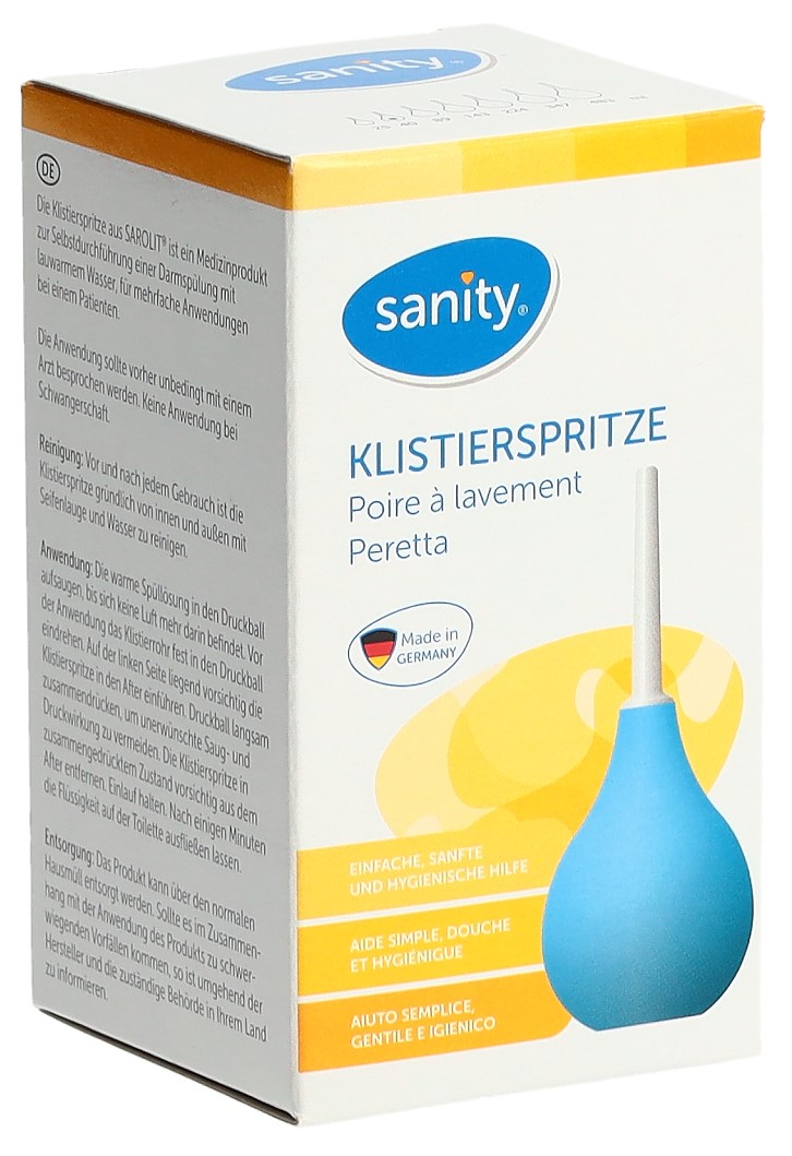 Emballage blanc/jaune de la poire à lavement « Sanity ». Logo bleu « Sanity » et mention «KLISTIERSPRITZE». À droite, illustration d'une poire bleue embout blanc sur fond jaune. «Made in GERMANY» et textes en allemand.