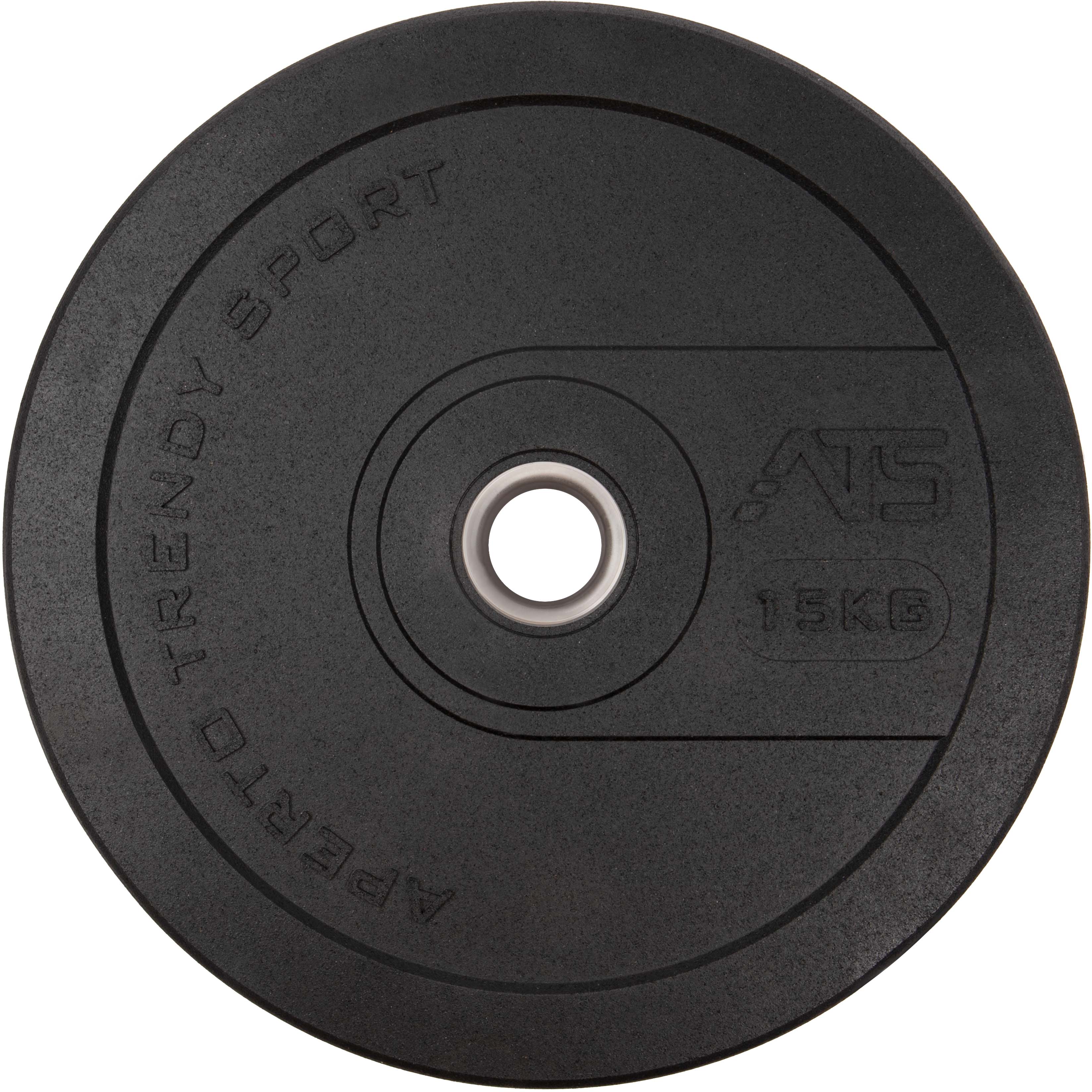Disque de musculation noir et rond en granulés de caoutchouc recyclés, surface légèrement grainée. Anneau métallique argenté central pour barre d'haltères. Inscriptions gravées « 15 kg », « Trendy Sport », logo « ATS ».
