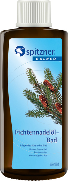 Flacon brun foncé avec bouchon à vis blanc, contenant un bain. Étiquette : branches d'épicéa vertes avec cônes rouges sur fond bleu clair. Inscription : « Spitzner. BALNEO Bain à l'huile d'aiguilles d'épicéa. »