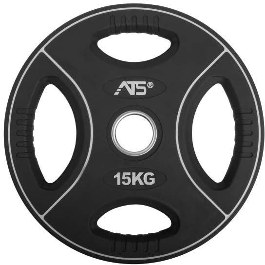 Disco nero da 15 kg, rotondo, con rivestimento in PU opaco. Con quattro aperture ergonomiche antiscivolo e linee grigie su bordo e impugnature. Al centro alloggiamento argentato per bilanciere e logo «ATS®».