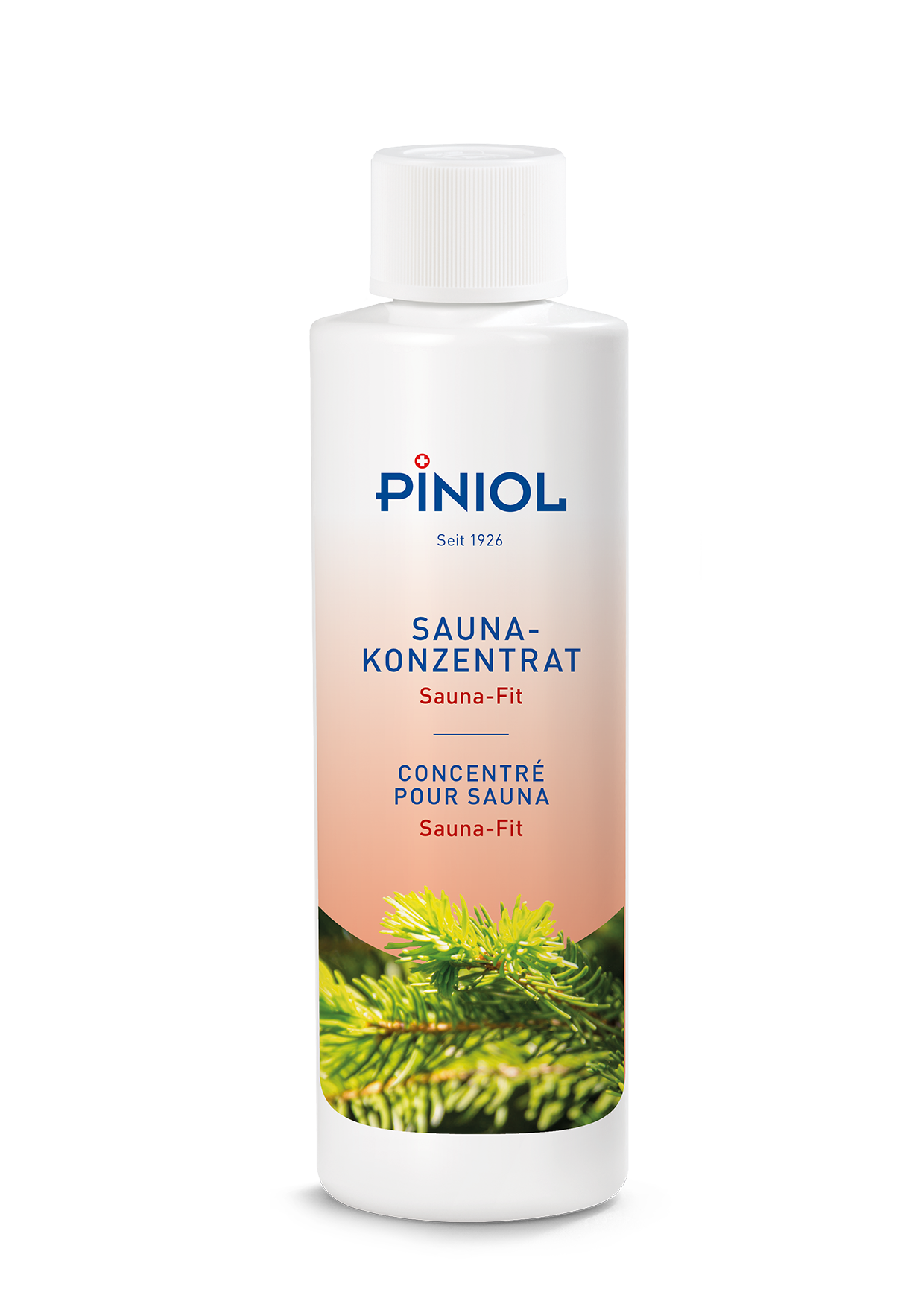 Flacon blanc « Piniol » (concentré pour sauna) avec bouchon blanc. Étiquette présentant un dégradé allant de l'orange clair au vert foncé, ornée d'aiguilles de sapin vertes. Inscription «SAUNA-KONZENTRAT Sauna-Fit» en bleu et rouge, parfum alpin.