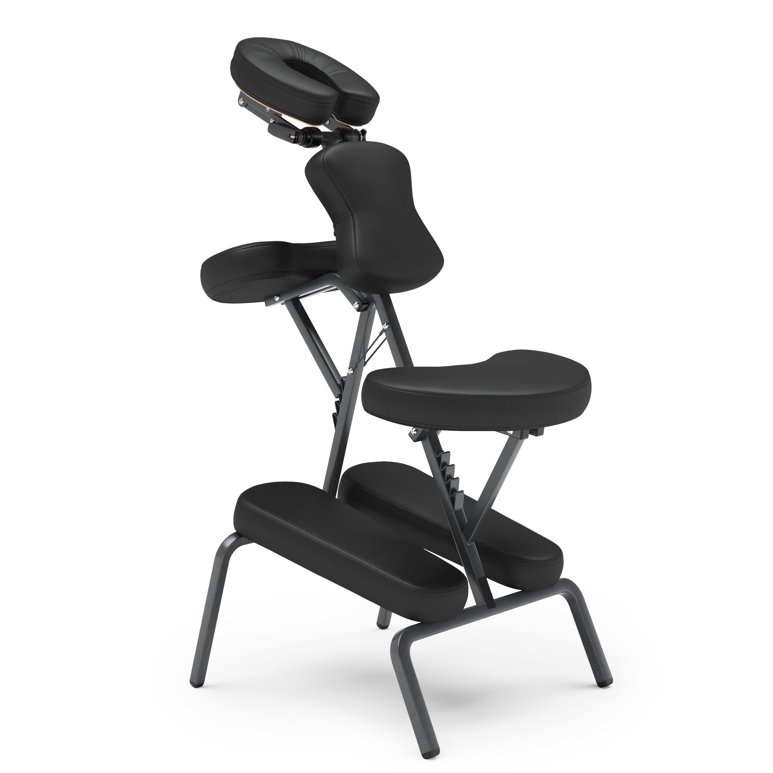 Poltrona da massaggio nera ed ergonomica con robusta struttura in metallo e diversi supporti imbottiti e regolabili individualmente per testa, torace, seduta e stinchi. Comoda posizione di seduta inclinata in avanti per trattamenti come i massaggi.