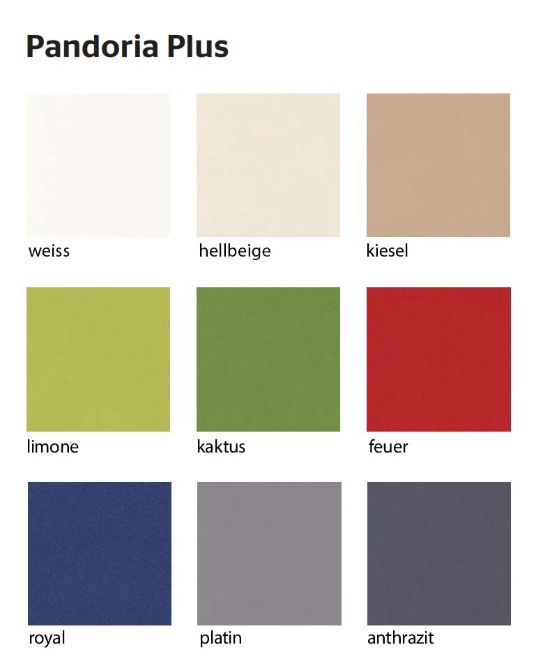 Nine colour samples of the ‘Pandoria Plus’ upholstery for a treatment couch: White, Light Beige, Pebble, Lime, Cactus Green, Fire Red, Royal Blue, Platinum and Anthracite. For personalised design in medical practices and therapy settings.