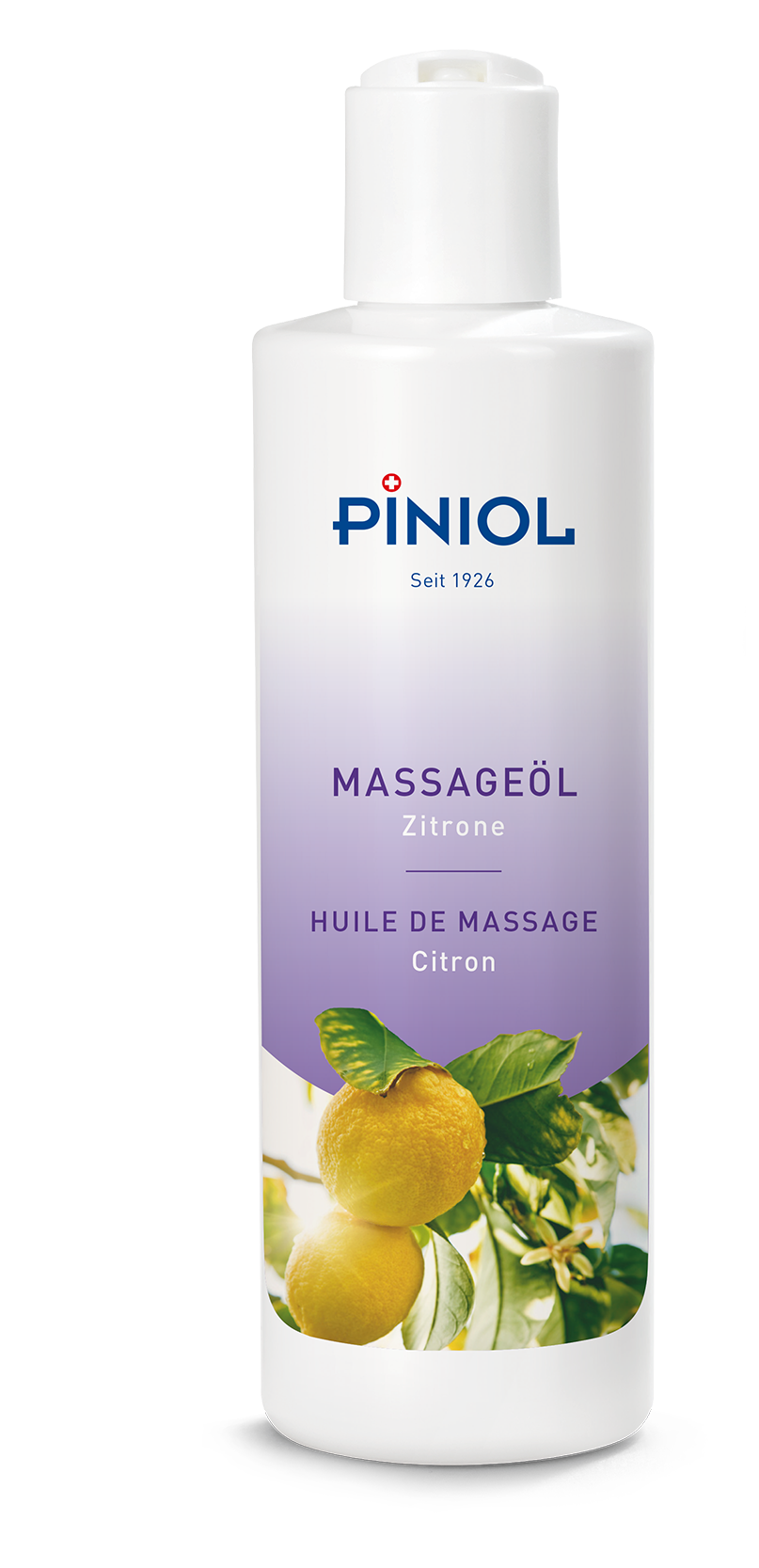 Tall white bottle of ‘ Piniol ’ massage oil with a white flip-top cap. Label: blue ‘ Piniol ’ lettering, purple stripe reading ‘MASSAGE OIL LEMON’. Below, an illustration of two sun-kissed lemons on a branch with green leaves.