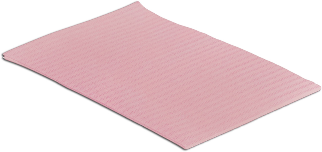 Zartrosa Einmal-Patientenserviette, leicht gewölbt, mit feiner horizontal gerippter Oberfläche. Rechteckig, zum Schutz vor Feuchtigkeit und Spritzern bei Behandlungen oder zum Abtupfen des Mundes.