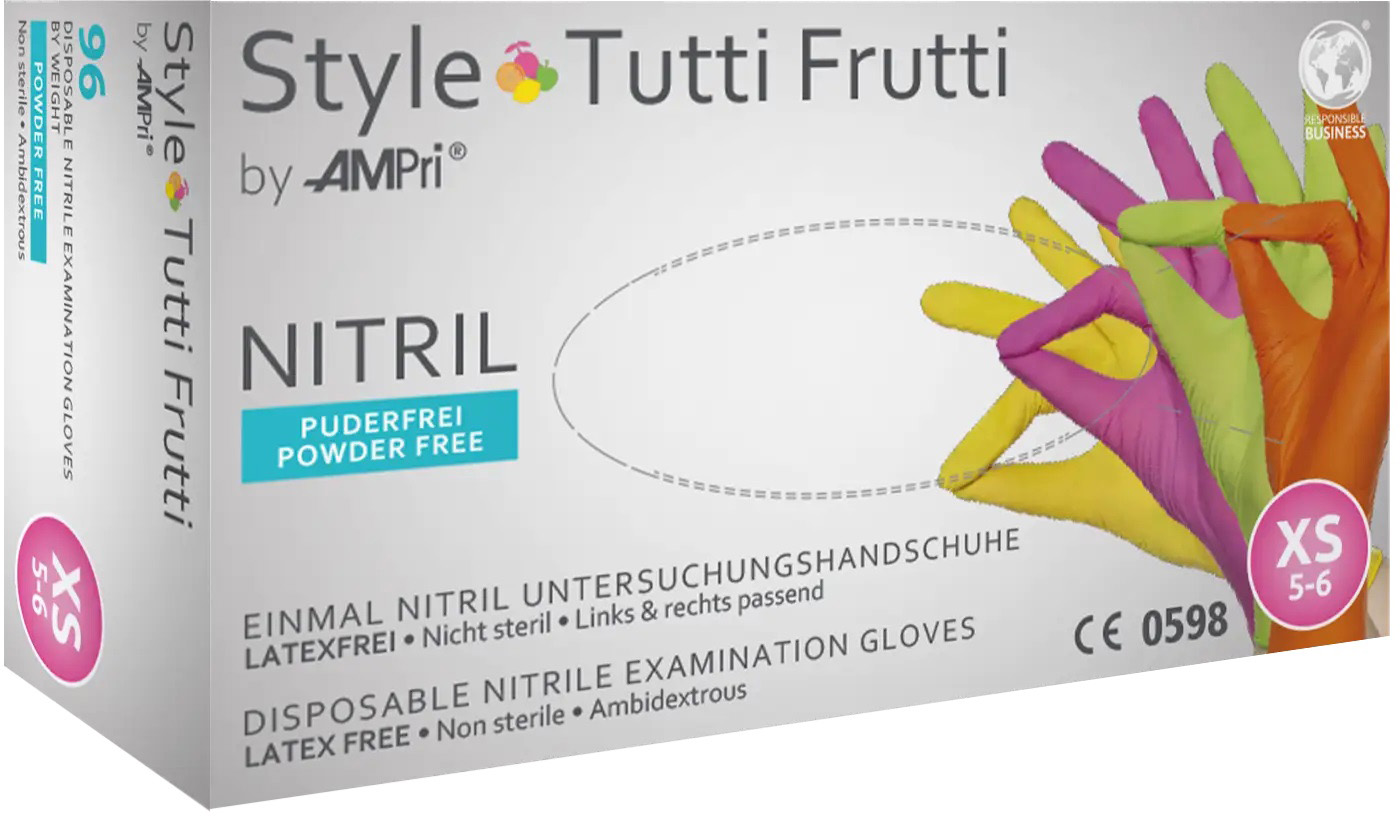 Emballage blanc pour les gants jetables en nitrile « Style Tutti Frutti » de AMPri. Face avant ornée de mains et de gants stylisés en jaune, rose, vert pomme et orange. « NITRILE SANS POUDRE ». Taille XS, sans latex, non stériles.