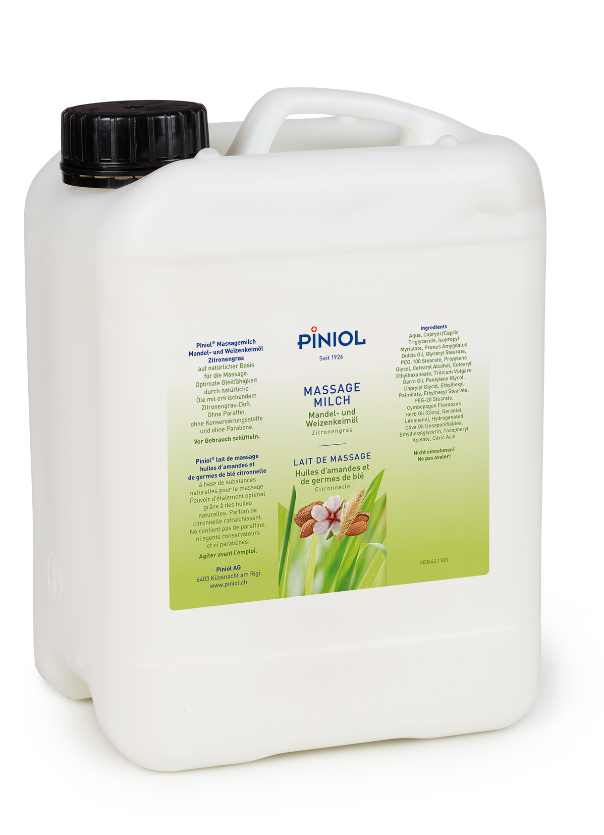 Grand bidon blanc « Piniol » de lait de massage, couvercle noir et poignée. Étiquette : huile d'amande et germe de blé, parfum citronnelle. Illustration : amandes, fleurs, blé ; sans paraffine.