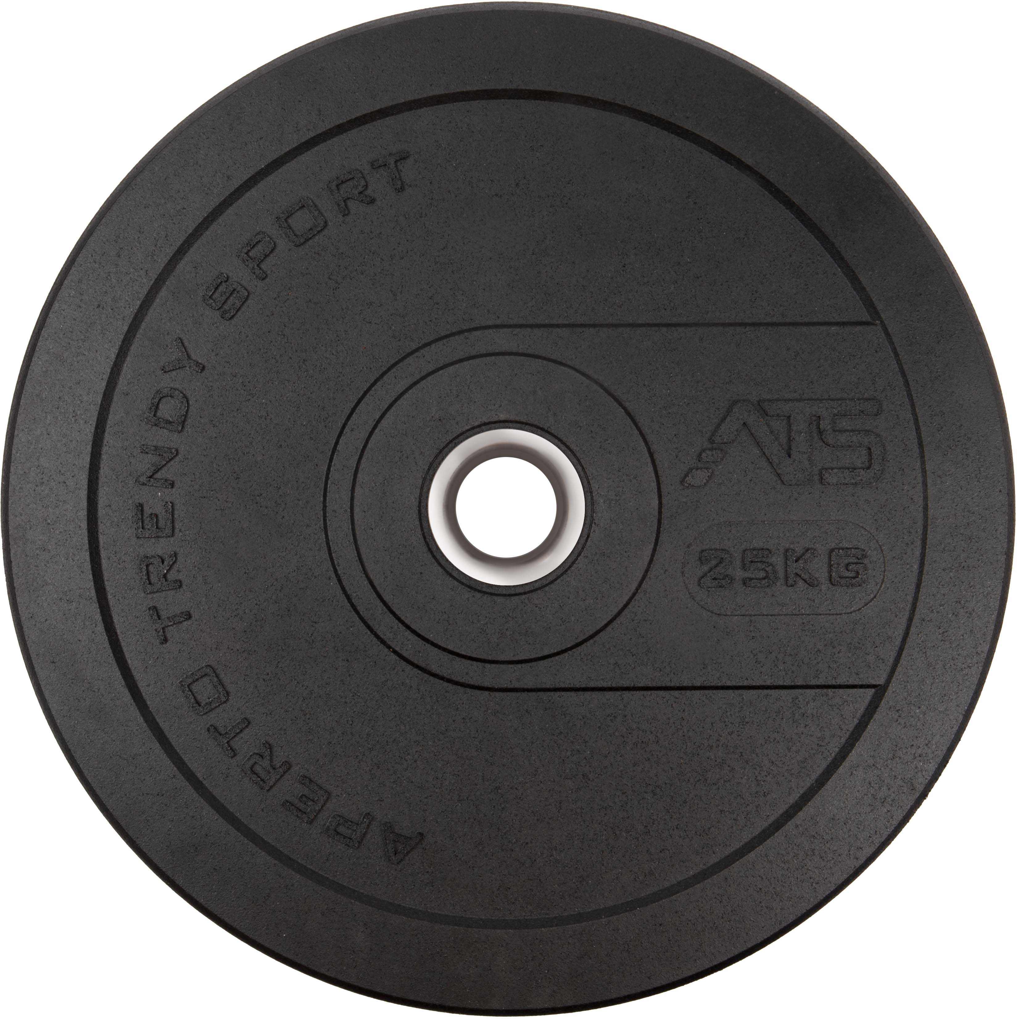 Disque rond noir de 25 kg, fabriqué à partir de granulés de caoutchouc recyclé, à la texture fine, portant l’inscription « APERTO Trendy Sport » et le logo ATS. Avec un rebord argenté. Disque de musculation durable pour un entraînement de force dynamique.